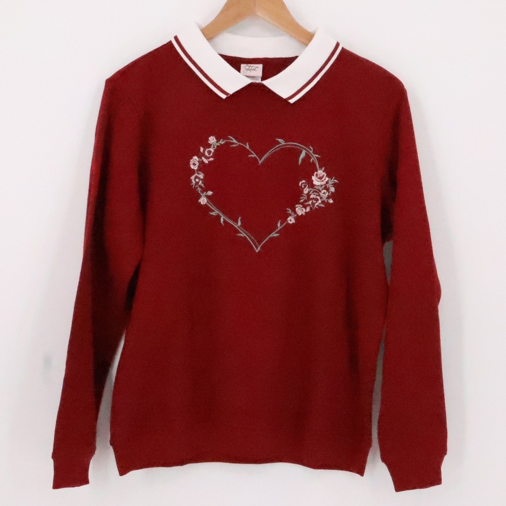 Heart Floral‎ Embroidered Collar Sweatshirt Cottage Grandma Maroon Retro  Size M